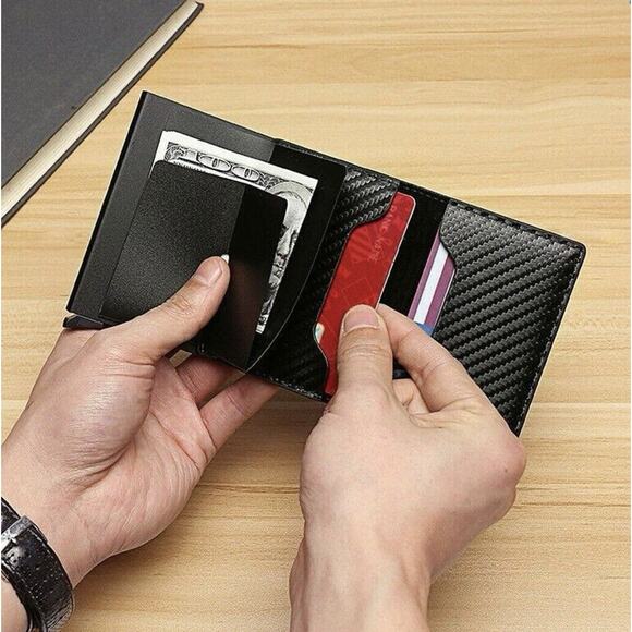 Wallet Leather RFID Blocking Slim Pop Up Card Case Minimalist New In Box Black - Picture 5 of 11